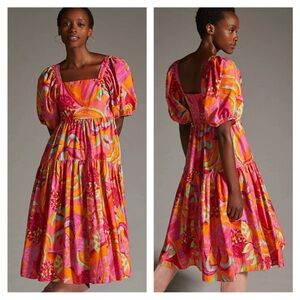 Farm Rio Fruit Brush Tiered Midi Dress XS Pink Puff Sleeve Tropical